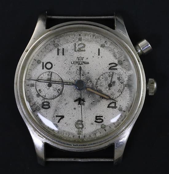 A gentlemans 1940s/1950s? stainless steel Lemania British military issue Royal Navy single button chronograph watch.